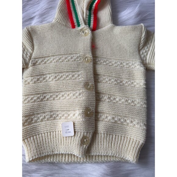 Vintage Baby Hooded Sweater Size 12 Mo. Cream Knit 100% Acrylic Fiber Made In U. - Picture 5 of 11